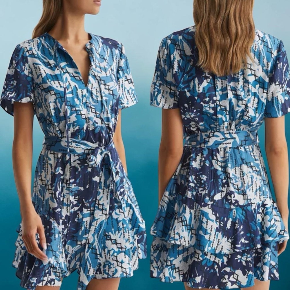 Reiss Ditsy Posey Floral Print V-Neck Short Sleeve Mini Dress Special Occasion 6